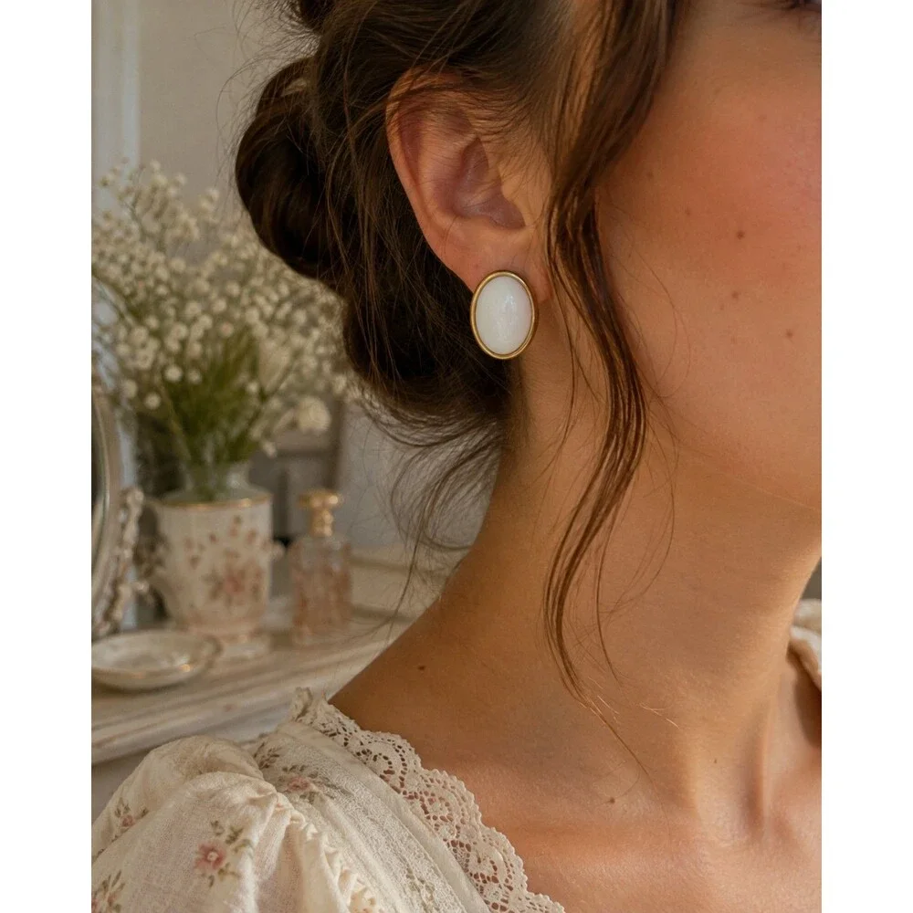 TRIFARI White Cabochon Oval Stud Earrings, Vintage Signed Minimalist Jewelry